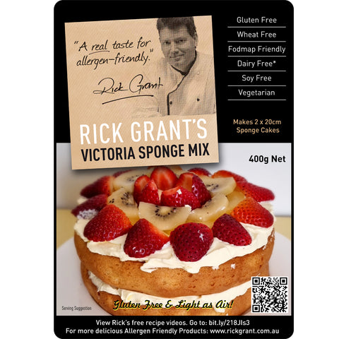 Rick Grants Victoria Sponge Mix that is Gluten Free, Wheat Free, Dairy Free, Soy Free, FODMAP Friendly and Vegetarian. This mix makes two 20cm sponge cakes and is sold at GF Pantry.