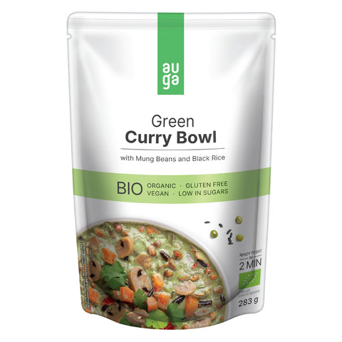 Auga Green Curry Bowl with Mung Beans and Black Rice in stand up pouch.
