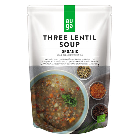 Auga Organic Three Lentil Soup in stand up pouch.