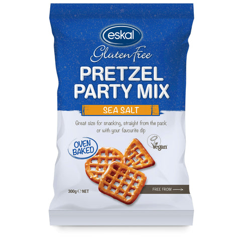 Eskal Gluten Free Pretzel Party Mix with Sea Salt comes in a large foil bag, perfect for parties.