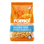 Pasta Roma Gluten Free Farm Animals Pasta in orange and blue eco plastic stand-up pouch.