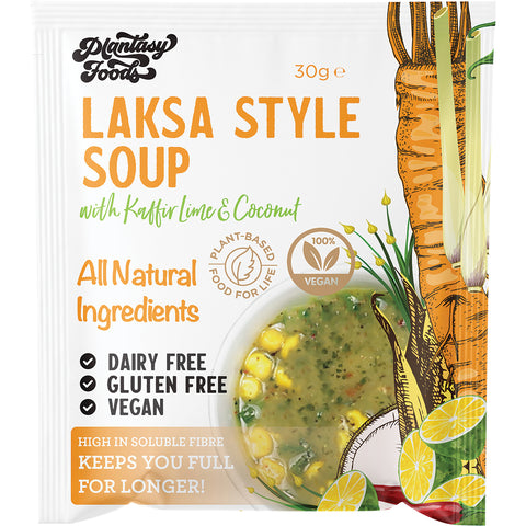 Plantasy Foods Laksa Style Soup with Kaffir Lime & Coconut, front of sachet.