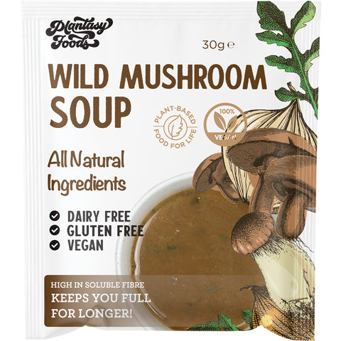 Plantasy Foods Wild Mushroom Soup, front of sachet.