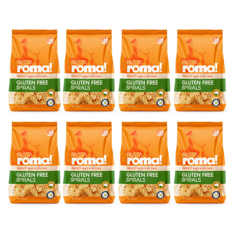 Each carton of Pasta Roma Gluten Free Spirals contains 8 individual 350g bags of gluten free pasta spirals.