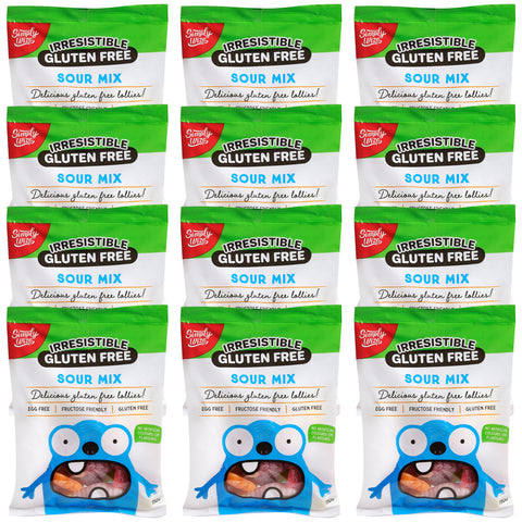 12 bags of Simply Wize Irresistible Gluten Free Sour Mix lollies. Soft and chewy jelly lollies that are rolled in sour sugar crystals. Egg free, coeliac safe and fructose friendly, kids will love these delicious free from lollies.