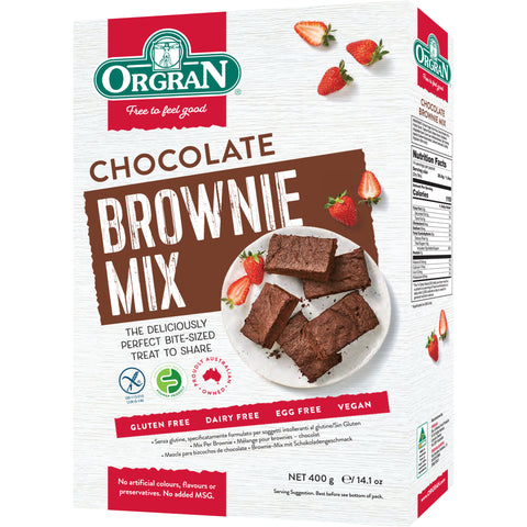 Orgran Gluten Free Chocolate Brownie Mix front of box.