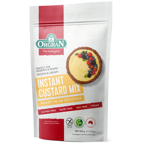 Orgran Instant Custard Mix, gluten free and ready in 60 seconds.