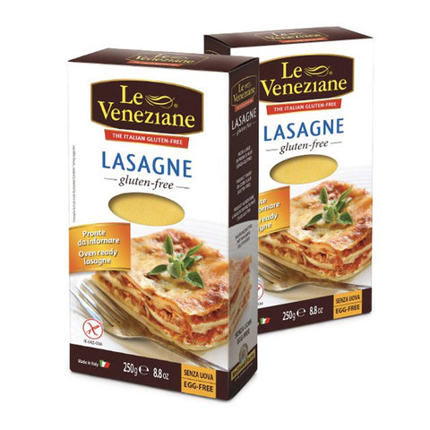Image of Le Veneziane Gluten Free Corn and Rice Lasagna packaging; cardboard box with clear window.