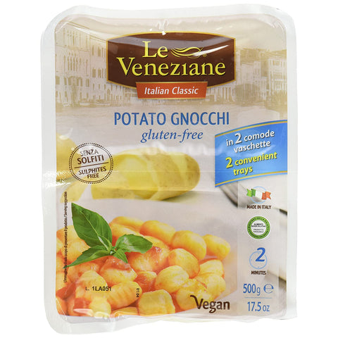 One package of Le Veneziane Gluten Free Potato Gnocchi conveniently packed in two separately sealed trays each containing two serves.