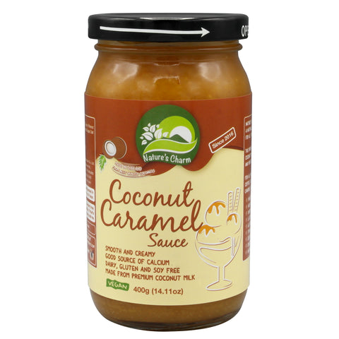 Nature's Charm Coconut Caramel Sauce packaged in glass jar.