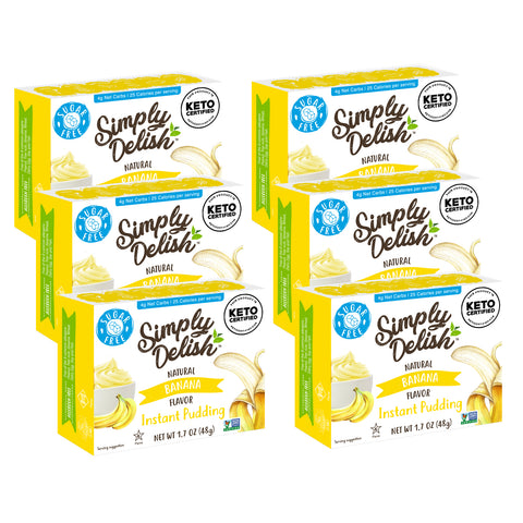 6 boxes of Simply Delish Natural Banana Flavour Instant Pudding. Allergen free and Vegan instant custard.