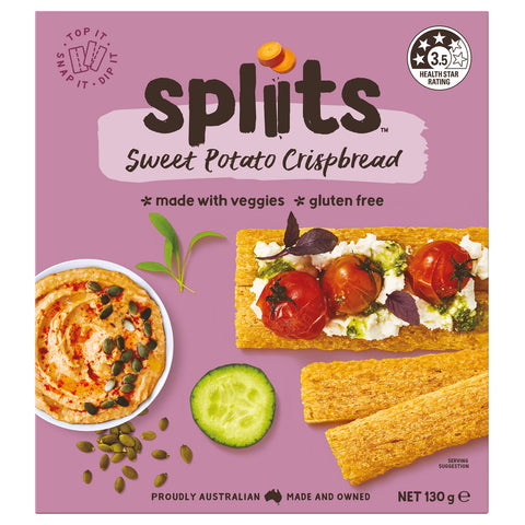 Spliits Gluten Free Sweet Potato Crispbread, picture of front of box.