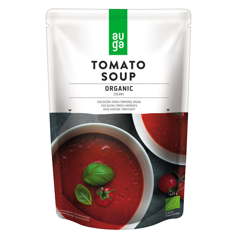 Auga Organic Creamy Tomato Soup in stand up pouch.
