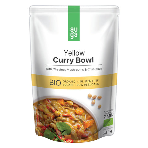 Auga Yellow Curry Bowl with Chestnut Mushrooms & Chickpeas in stand up pouch.