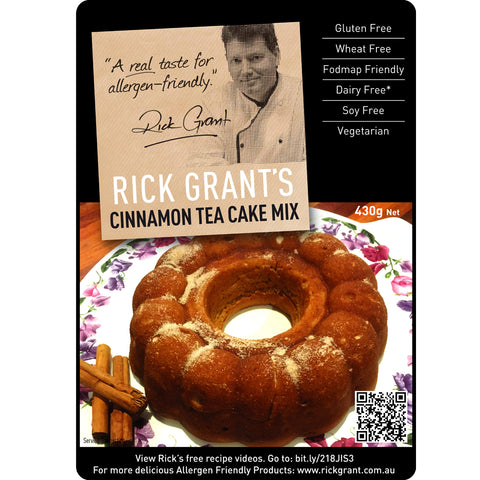 Rick Grants Gluten Free Cinnamon Tea Cake mix that is also Wheat Free, Dairy Free, Soy Free, FODMAP Friendly and Vegetarian. This mix makes 1 Cinnamon Tea Cake and is sold at GF Pantry.