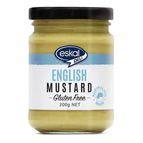 Glass jar of Eskal Deli Gluten Free English Mustard is a hot mustard that is ideal for spreading on sandwiches, hot dogs and hamburgers.