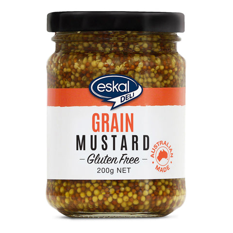 Glass jar of Eskal Deli Gluten Free Grain Mustard is a classic grain variety and is an ideal accompaniment to red meat.