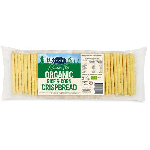 Eskal Gluten Free Organic Rice & Corn Crispbread in clear plastic packaging.