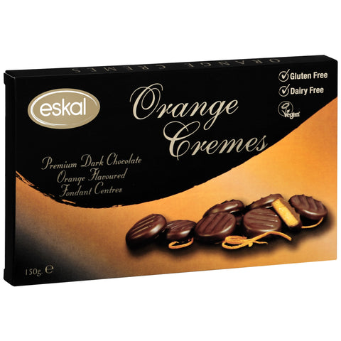 Eskal Gluten Free Orange Cremes; premium dark chocolate with orange flavoured fondant centres.