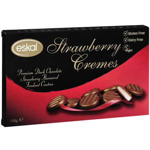 Eskal Strawberry Cremes feature a Strawberry flavoured fondant centre, enrobed in premium dark chocolate.