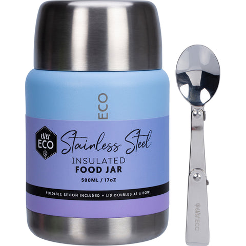 Ever Eco blue and violet coloured, Insulated Stainless Steel Food Jar with fodable spoon.
