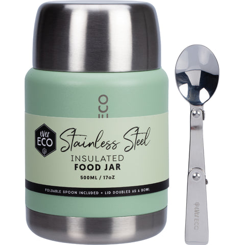Ever Eco Sage coloured, Insulated Stainless Steel Food Jar with fodable spoon.