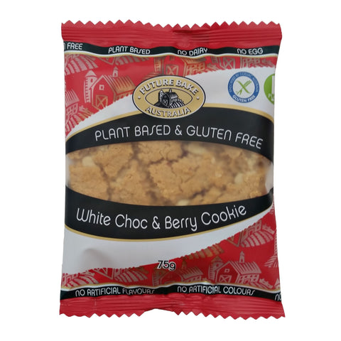 Picture of Future Bake Australia Plant Based & Gluten Free White Choc & Berry Cookie that is also dairy free and egg free.