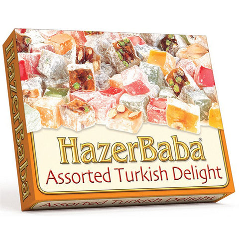 HazerBaba assortment of high quality Turkish Delight, flavoured with Mint, Rose and Lemon and mixed with Hazelnut, Pistachio and Almond.