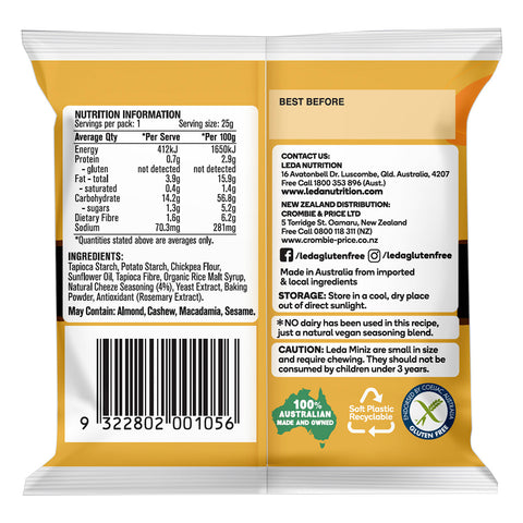Picture of the back of inner individual portion bag of Leda Gluten Free Cracker Miniz Cheeze flavoured biscuits.