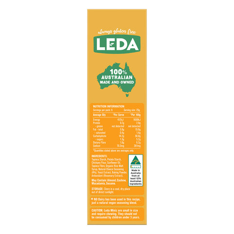 Picture of the left side of product carton of Leda Gluten Free Cracker Miniz Cheeze flavoured biscuits.