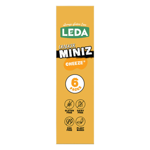 Picture of the right side of product carton of Leda Gluten Free Cracker Miniz Cheeze flavoured biscuits.
