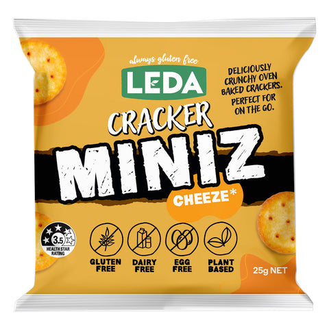 Picture of the front of inner individual portion bag of Leda Gluten Free Cracker Miniz Cheeze flavoured biscuits.
