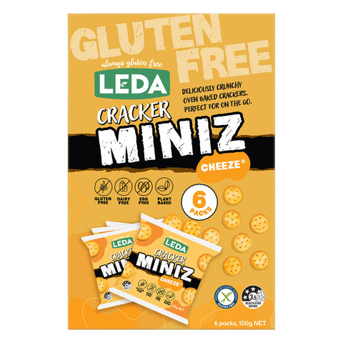 Picture of the front of product carton of Leda Gluten Free Cracker Miniz Cheeze flavoured biscuits.
