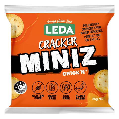 Picture of the front of inner individual portion bag of Leda Gluten Free Cracker Miniz Chick'n flavoured biscuits.