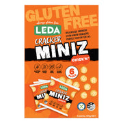Picture of the front of product carton of Leda Gluten Free Cracker Miniz Chick'n flavoured biscuits.