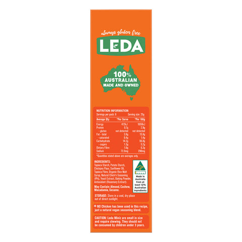 Picture of the left side of product carton of Leda Gluten Free Cracker Miniz Chick'n flavoured biscuits.