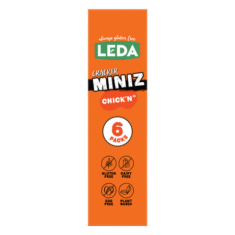 Picture of the right side of product carton of Leda Gluten Free Cracker Miniz Chick'n flavoured biscuits.