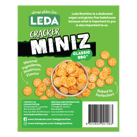 Picture of back of product carton of Leda Gluten Free Cracker Miniz Classic BBQ flavoured biscuits.