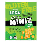 Picture of the front of product carton of Leda Gluten Free Cracker Miniz Classic BBQ flavoured biscuits.