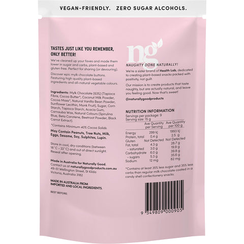 Naturally Good Original Mylk Partyz candy coated choc buttons 135g - back of package.