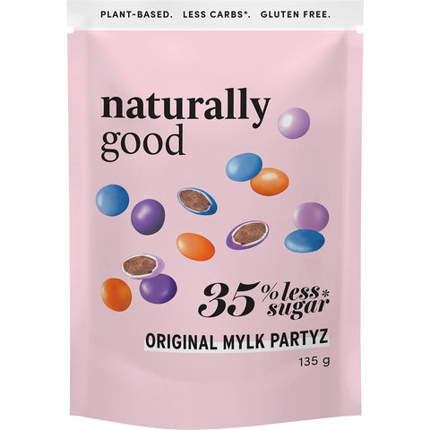 Naturally Good Original Mylk Partyz candy coated choc buttons 135g - front of package.
