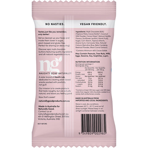 Naturally Good Original Mylk Partyz candy coated choc buttons 50g - back of package.