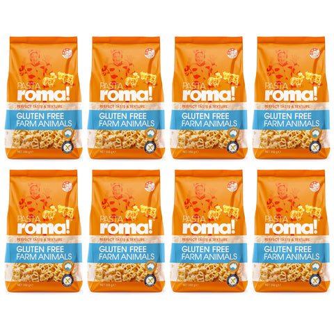 8 of 350g bags of Pasta Roma gluten free animal shapes pasta.