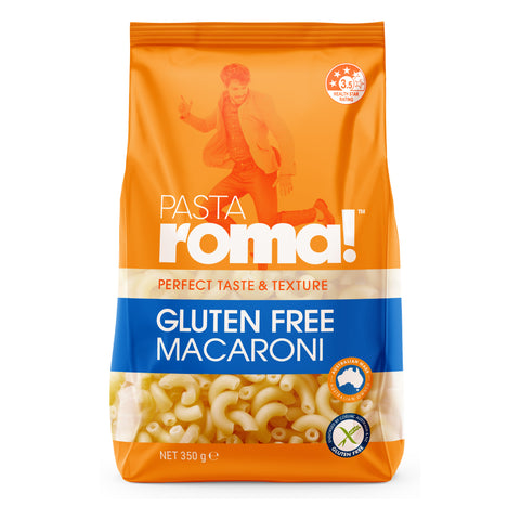 Pasta Roma Gluten Free Macaroni pasta in orange and blue eco plastic stand up pouch.
