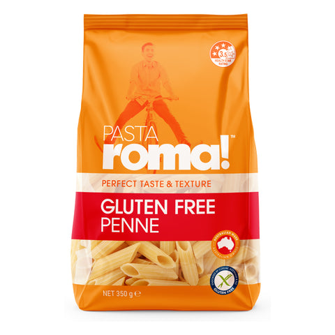Pasta Roma Gluten Free Penne Pasta in orange and red eco plastic stand-up pouch.