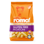 Pasta Roma Gluten Free Rigatoni pasta in orange and purple eco plastic stand up pouch.