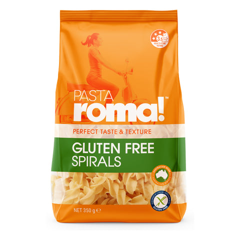 Pasta Roma Gluten Free Spirals in orange and green eco plastic stand up pouch.