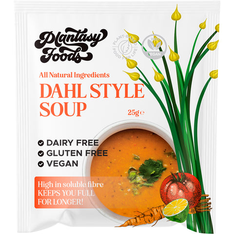 Plantasy Foods Dahl Style Soup, front of packet.