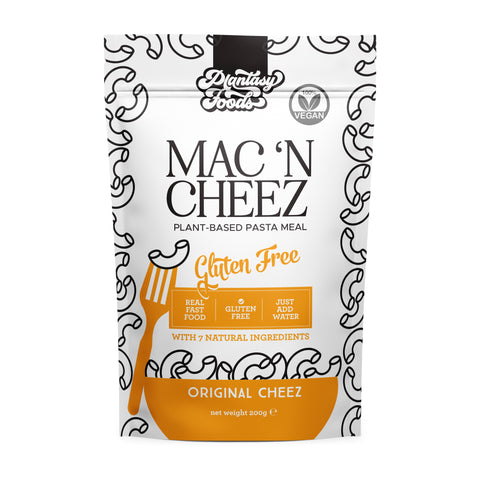 Plantasy Foods Mac 'N Cheez Plant-based pasta meal in stand up pouch. Original cheez flavour. Front of pouch.