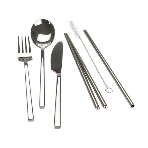 Retro Kitchen Reusable Stainless Steel Cutlery Set; includes fork, spoon, knife, chopsticks, straw and cleaning brush.